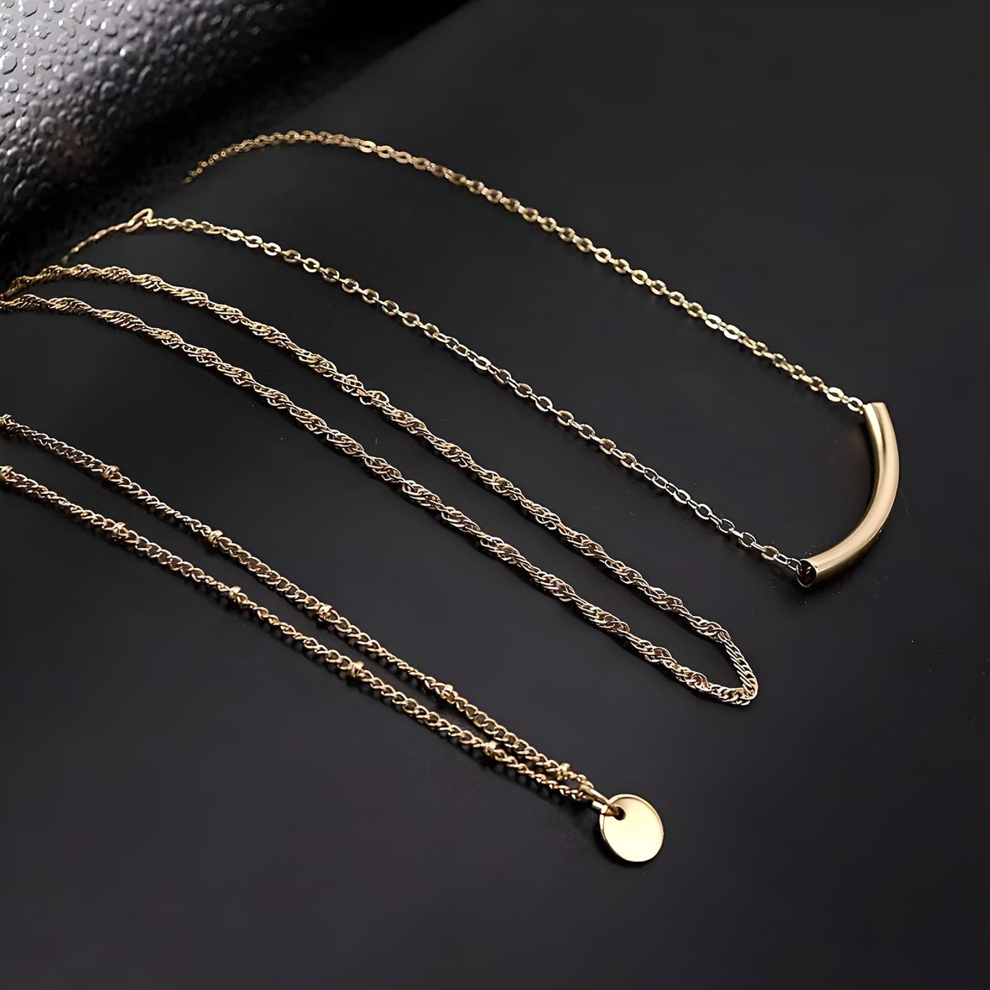 18k gold plated stainless steel curve bar round tag multi layered chain necklace - Mia Ishaaq