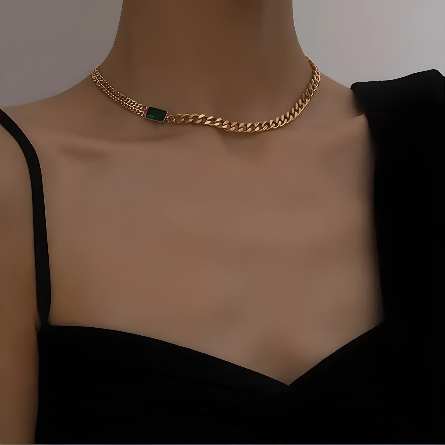 18k gold plated stainless steel vintage green pendant multi chain waterproof choker necklace - Mia Ishaaq