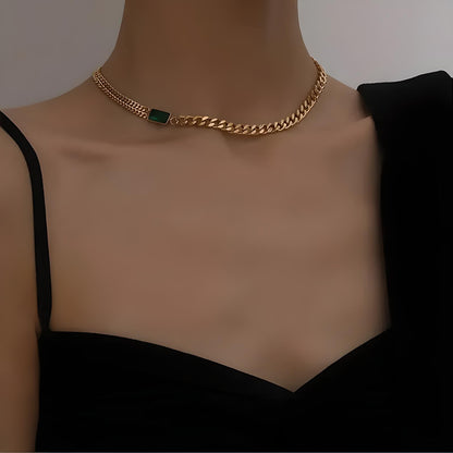 18k gold plated stainless steel vintage green pendant multi chain waterproof choker necklace - Mia Ishaaq