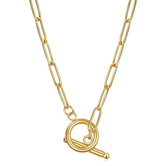 18k gold plated stainless steel waterproof water-resistant non-tarnish link chain t-bar fastening necklace - Mia Ishaaq