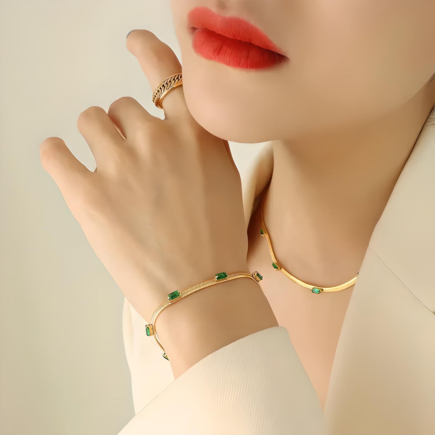 18k gold plated stainless steel vintage green waterproof flat chain necklace - Mia Ishaaq