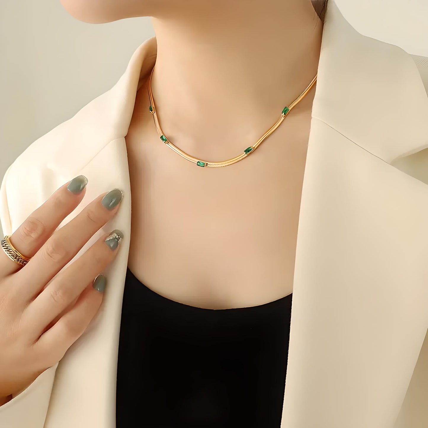 18k gold plated stainless steel vintage green waterproof flat chain necklace - Mia Ishaaq