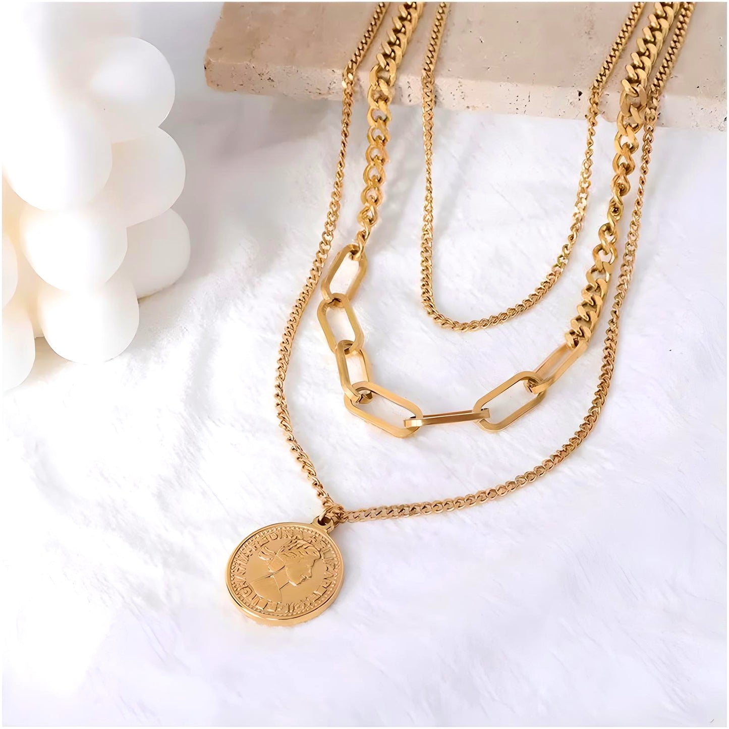 18k gold plated stainless steel waterprood non-tarnish layered chain coin necklace - Mia Ishaaq