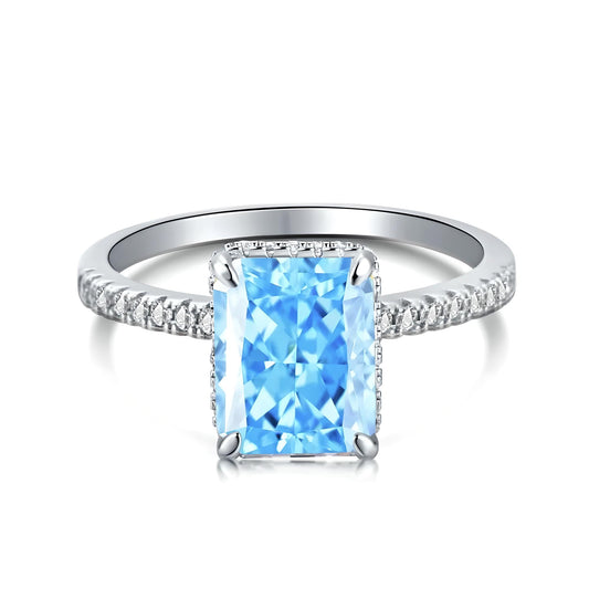Sterling Silver Crushed Ice Blue Radiant Cubic Zirconia HALO Ring - Mia Ishaaq
