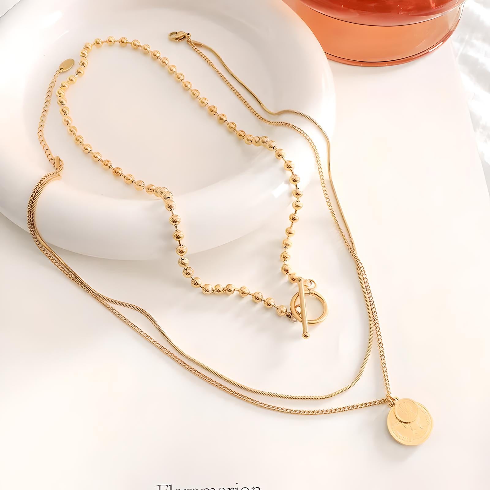 18k gold plated stainless steel waterproof non-tarnish layered coin t-bar beaded chain necklace - Mia Ishaaq