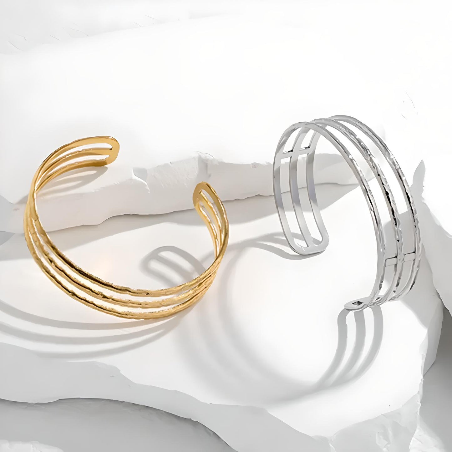 18k gold plated stainless steel waterproof water-resistant non-tarnish triple cuff bangle bracelet - Mia Ishaaq