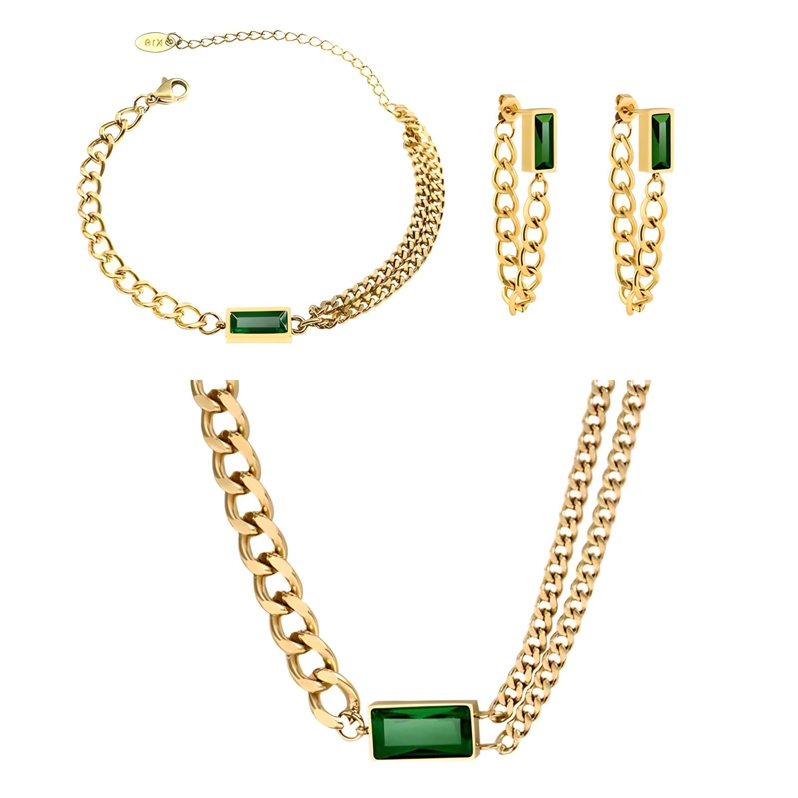 18k gold plated stainless steel vintage green pendant multi chain waterproof choker necklace - Mia Ishaaq