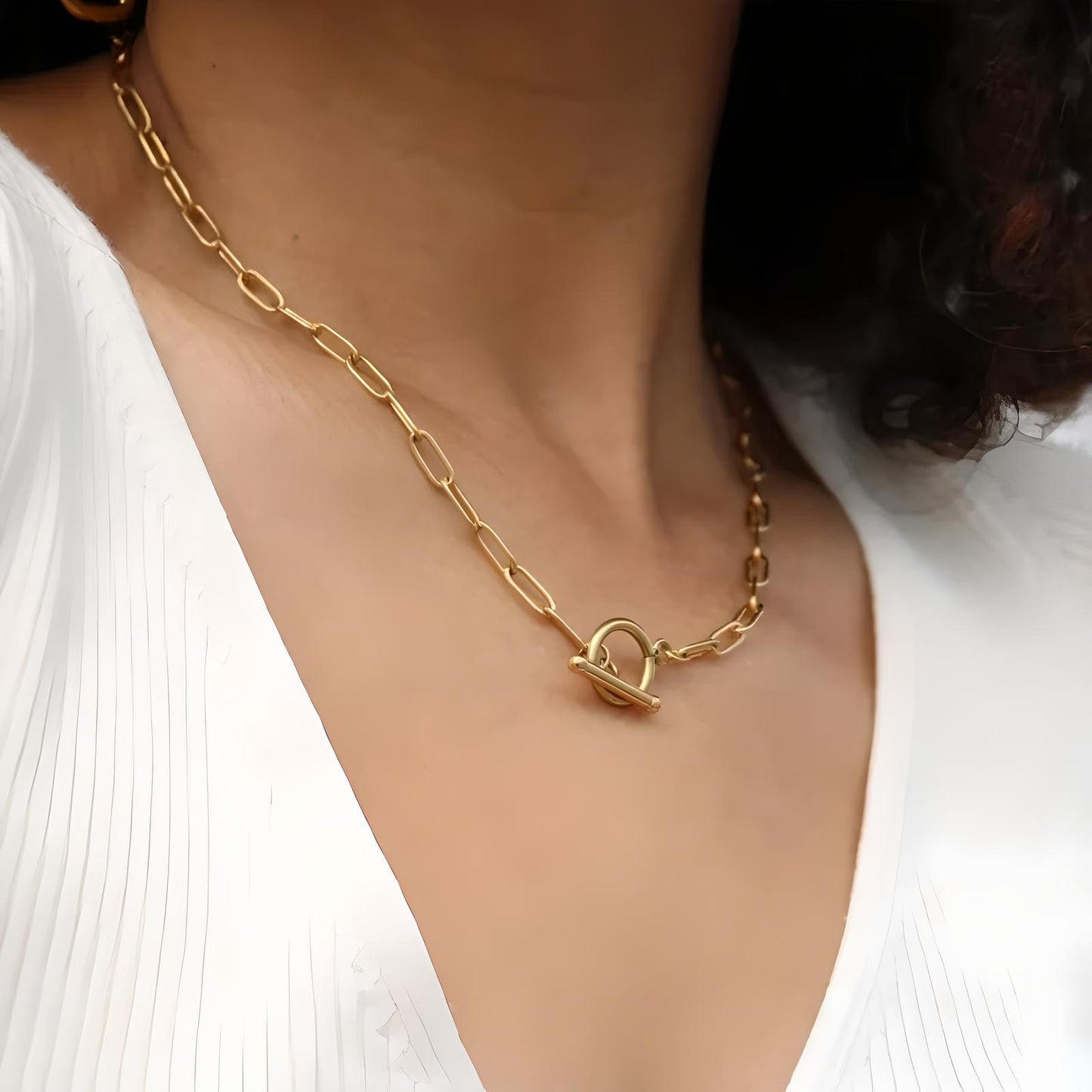 18k gold plated stainless steel waterproof water-resistant non-tarnish link chain t-bar fastening necklace - Mia Ishaaq