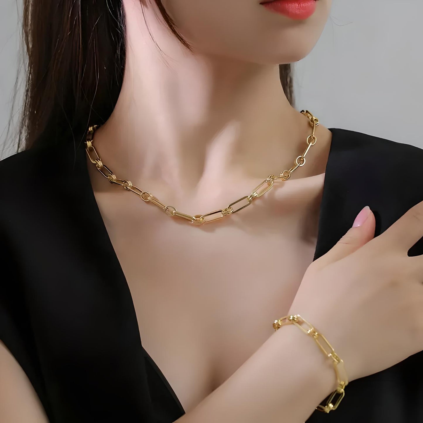 18k gold plated stainless steel waterproof water-resistant non-tarnish paper clip link chain choker necklace - Mia Ishaaq