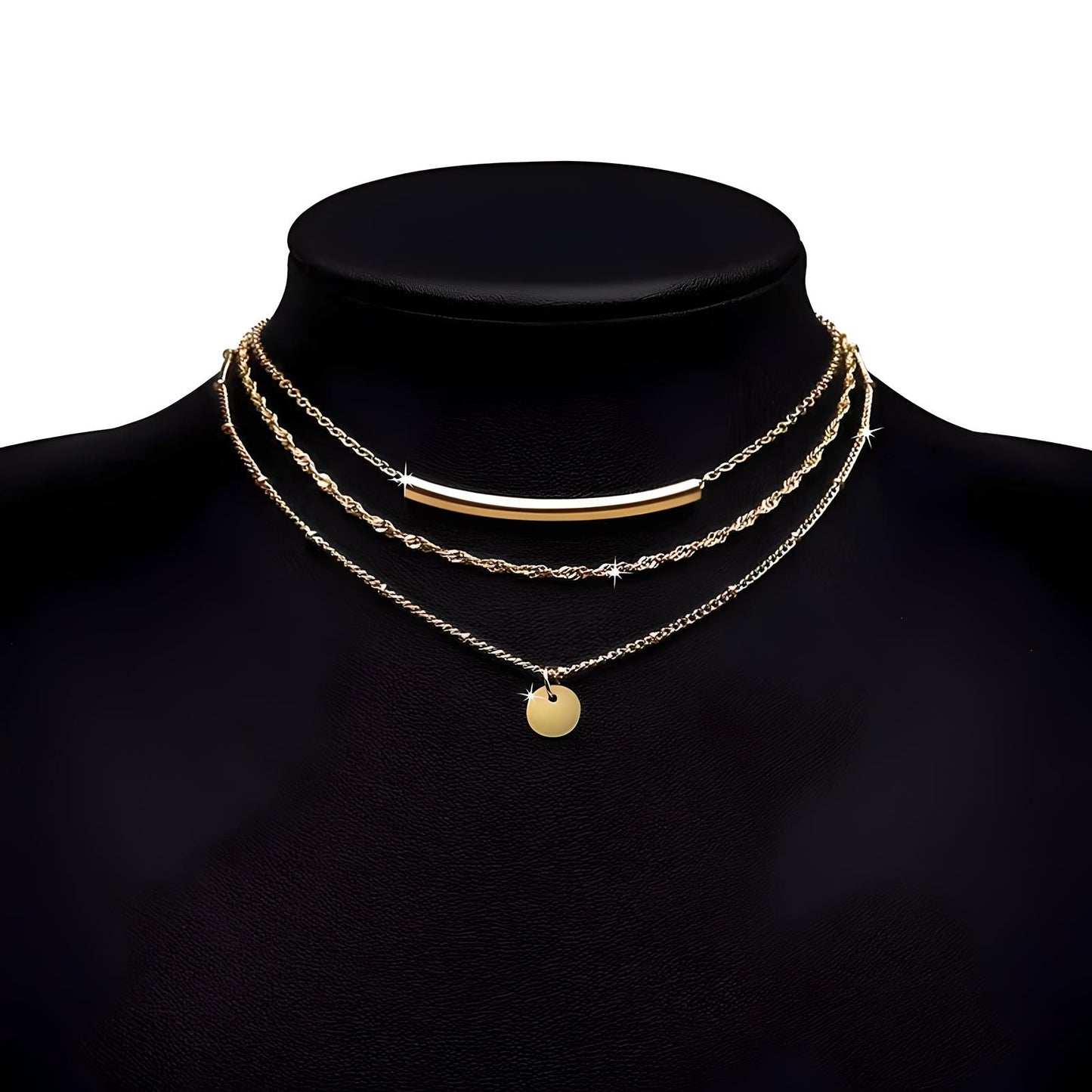 18k gold plated stainless steel curve bar round tag multi layered chain necklace - Mia Ishaaq