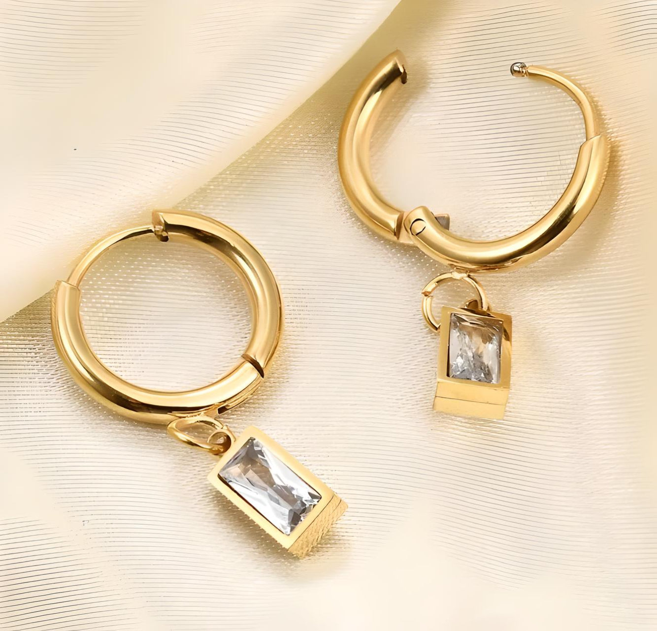 18k gold plated stainless steel intensity dangle hoop cubic zirconia earrings - Mia Ishaaq