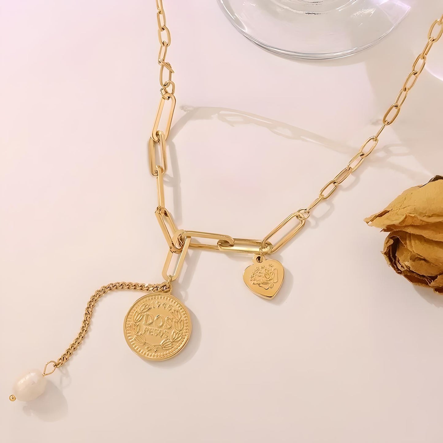 18k gold plated stainless steel coin and pearl link chain necklace - waterproof jewellery - Mia Ishaaq