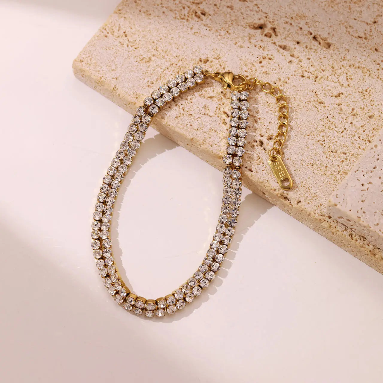 18k gold plated stainless steel double raw cubic zirconia adjustable tennis bracelet - Mia Ishaaq