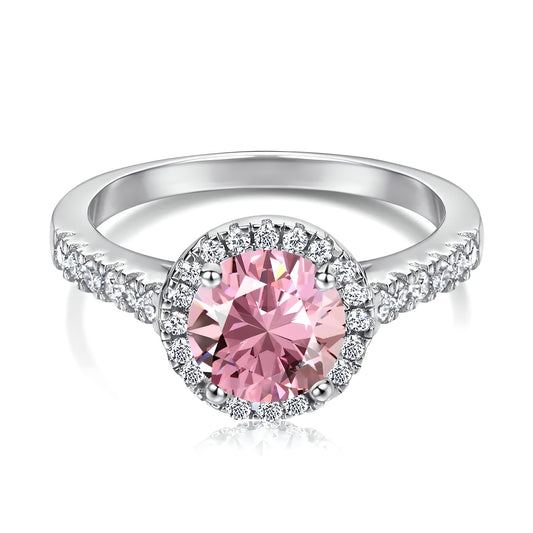 sterling silver white gold pink round halo engagement ring - Mia Ishaaq