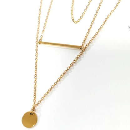 18k gold plated stainless steel multi chain bar and round tag layered necklace - Mia Ishaaq