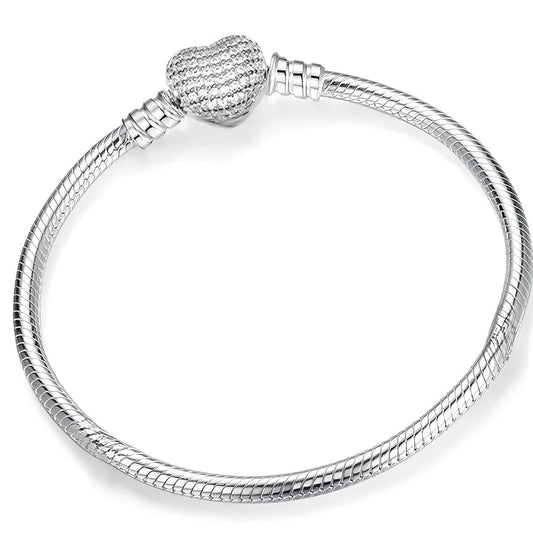 Athenaie Sterling Silver S925 Pave Heart Charm Snake Chain Bracelet 19cm - Mia Ishaaq
