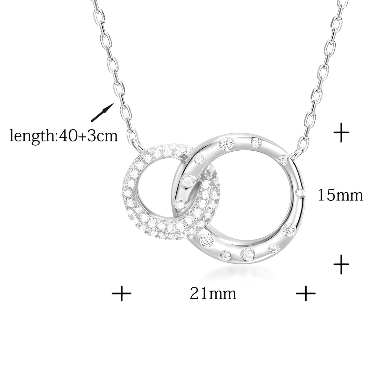 925 sterling silver interlocking circle eternity friendship necklace and description of measurements on a plain white background - Mia Ishaaq