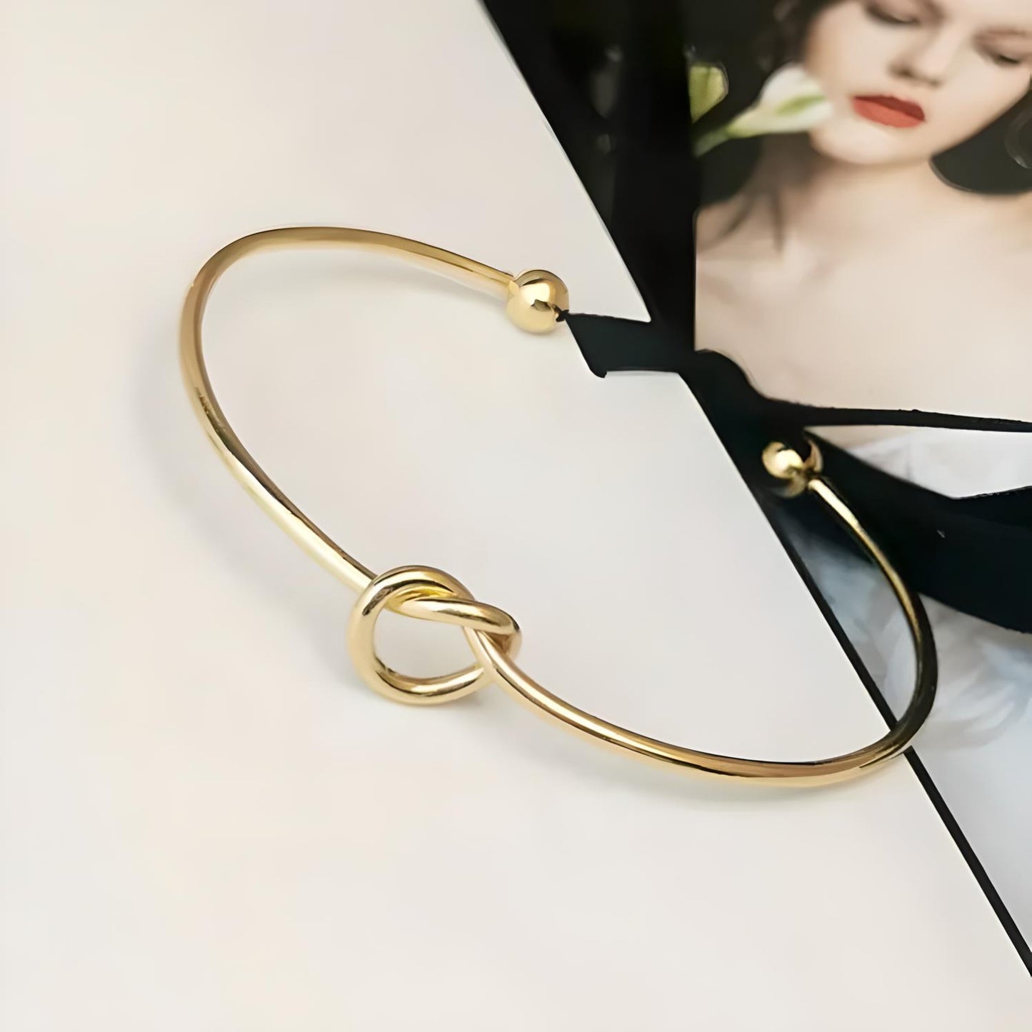 18k gold plated stainless steel waterproof water-resistant non-tarnish love heart knot open bangle bracelet - Mia Ishaaq