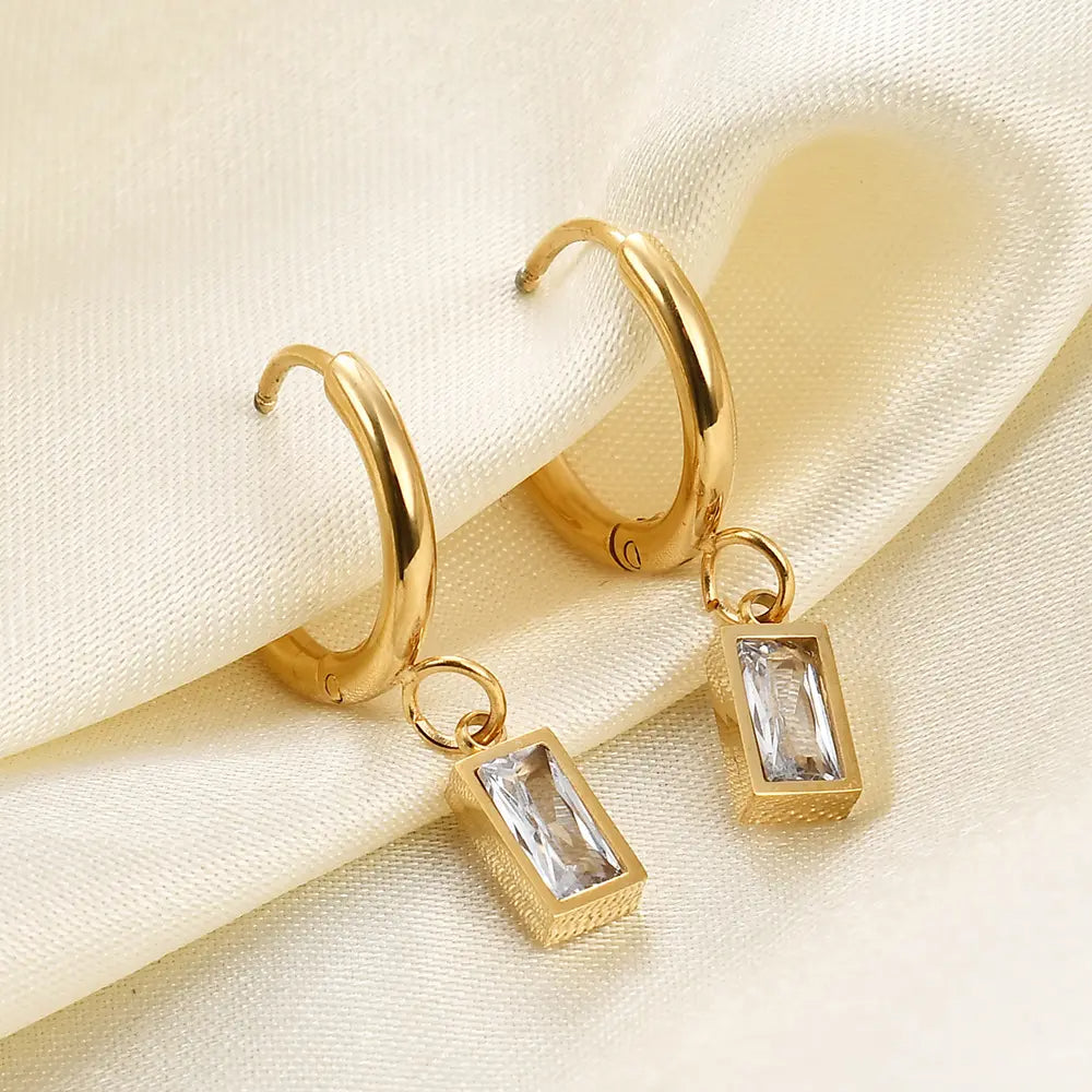 18k gold plated stainless steel intensity dangle hoop cubic zirconia earrings - Mia Ishaaq