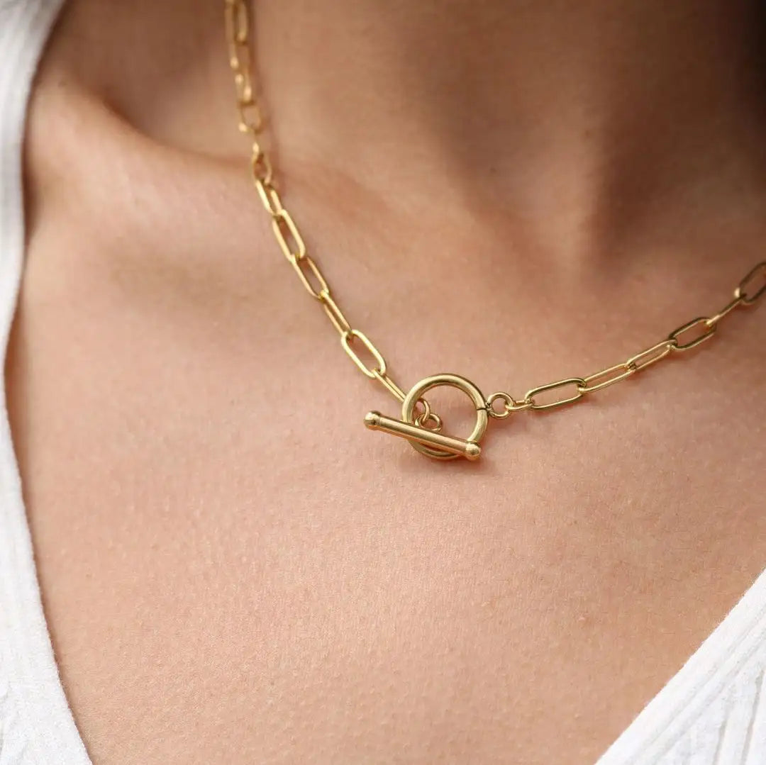 18k gold plated stainless steel waterproof water-resistant non-tarnish link chain t-bar fastening necklace - Mia Ishaaq