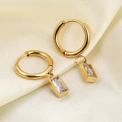 18k gold plated stainless steel intensity dangle hoop cubic zirconia earrings - Mia Ishaaq