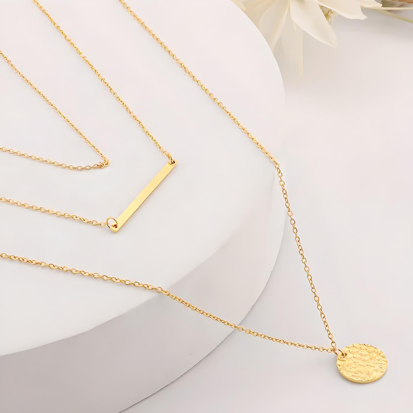 18k gold plated stainless steel multi chain bar and round tag layered necklace - Mia Ishaaq