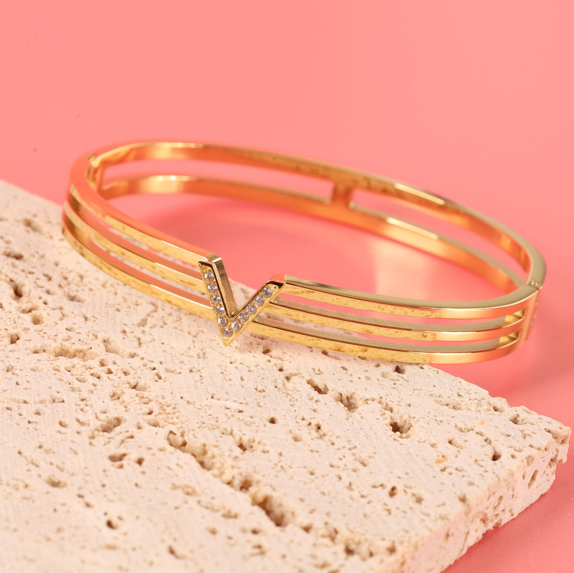 18k gold waterproof stainless steel initial letter V multi line crystal bangle bracelet - Mia Ishaaq