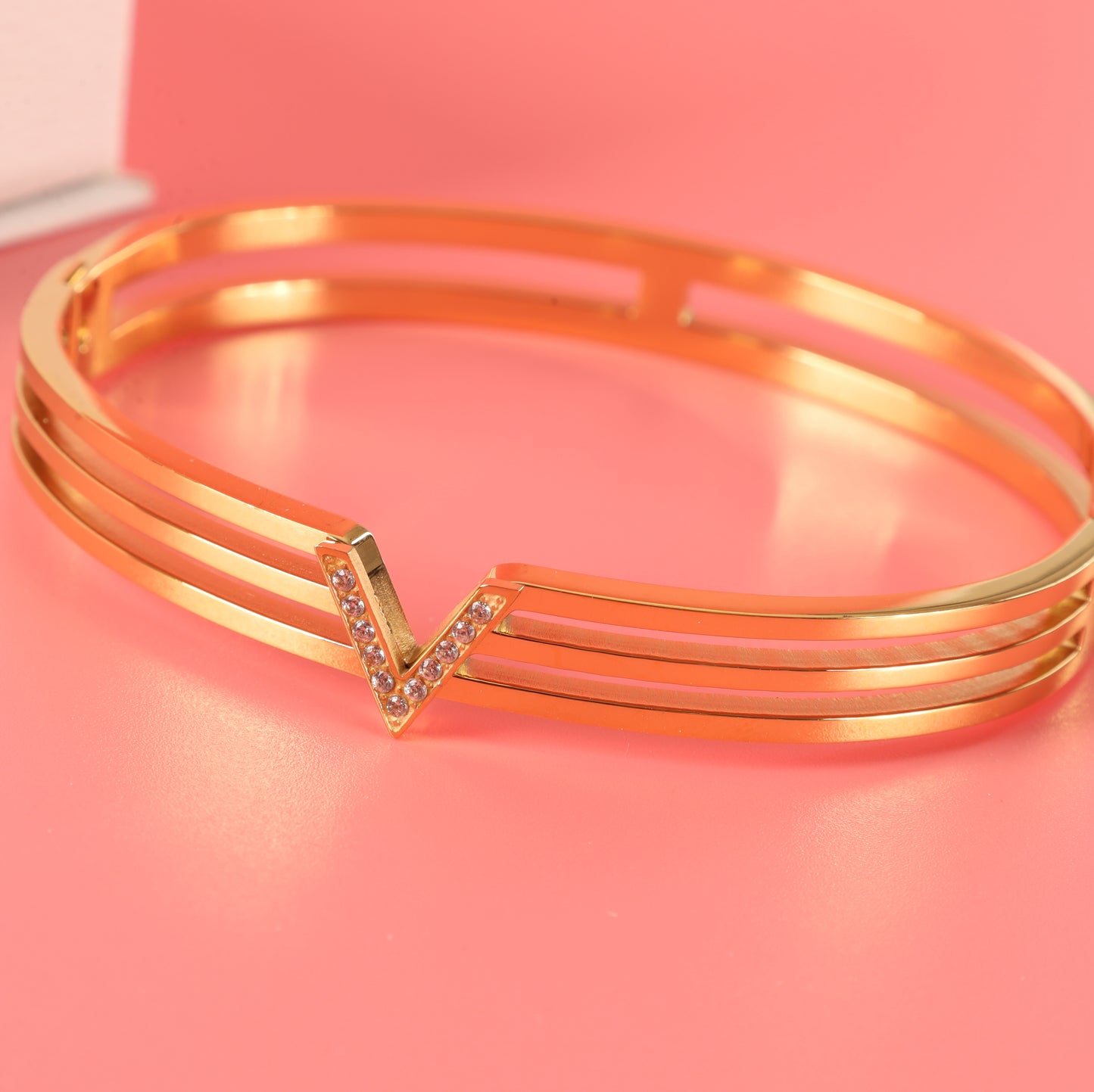 18k gold waterproof stainless steel initial letter V multi line crystal bangle bracelet - Mia Ishaaq