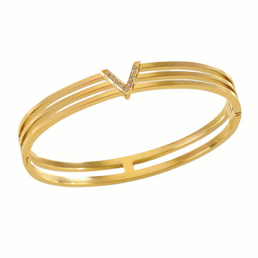 18k gold waterproof stainless steel initial letter V multi line crystal bangle bracelet - Mia Ishaaq