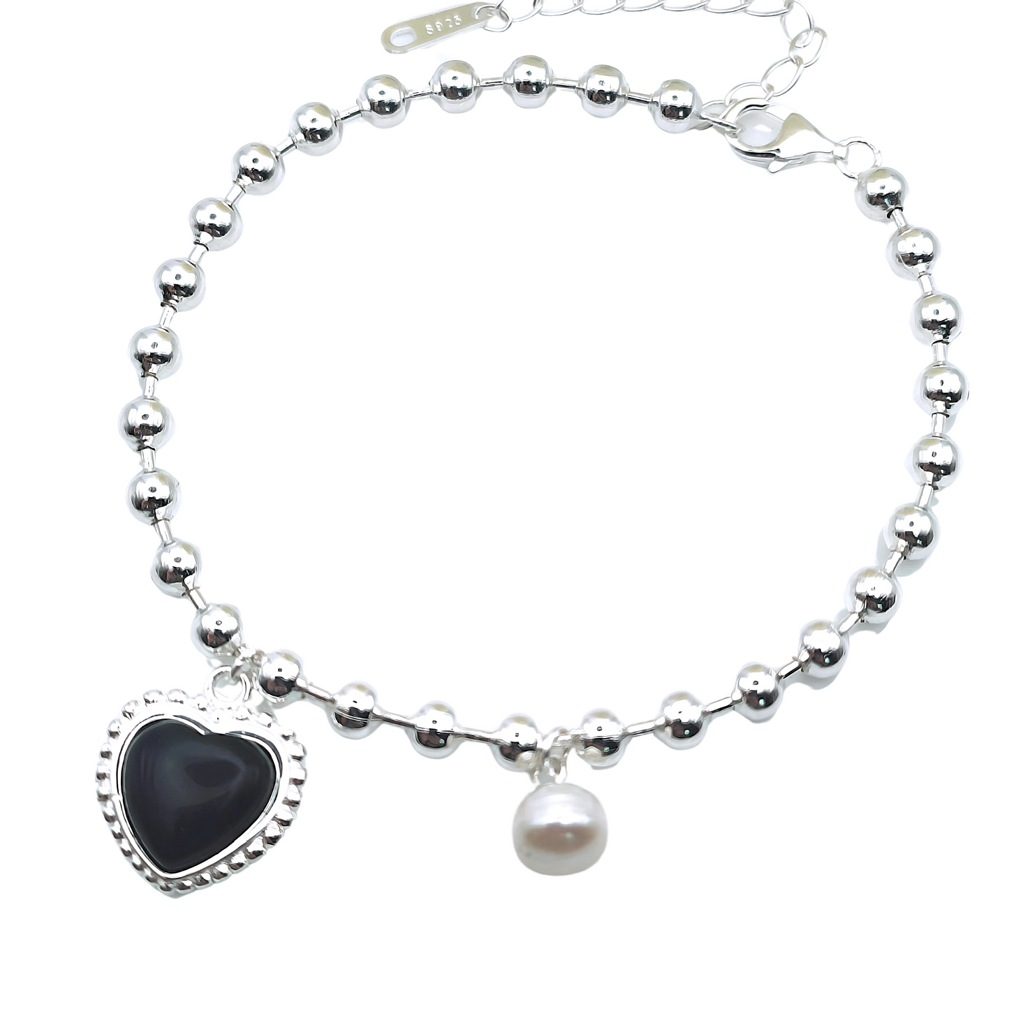 Sterling silver beaded chain heart tag and pearl charm bracelet for women and teens - Mia Ishaaq