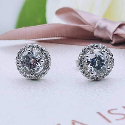 925 Sterling Silver White Gold Plated CLEAR Cubic Zirconia Round Stud Earrings - Mia Ishaaq