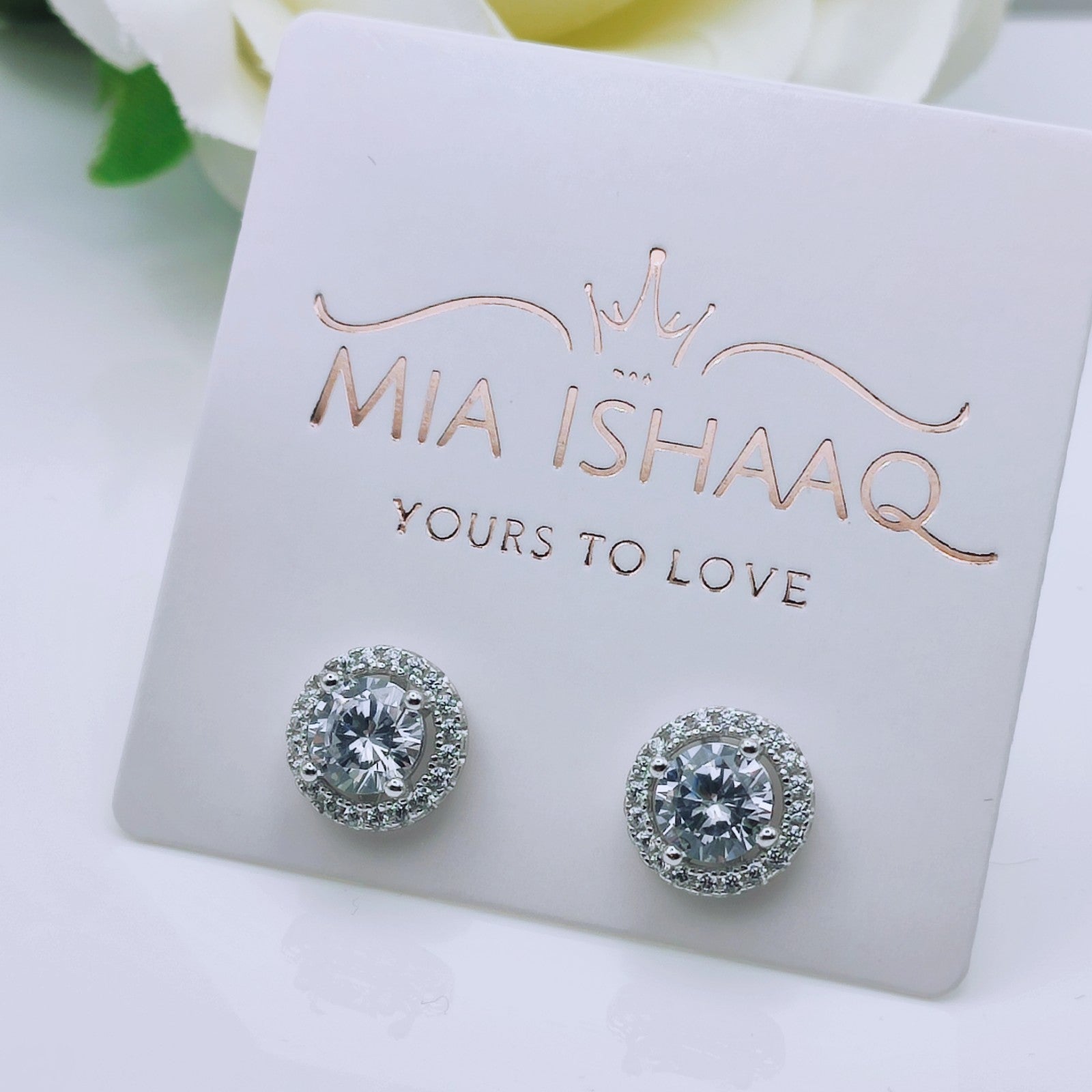 925 Sterling Silver White Gold Plated CLEAR Cubic Zirconia Round Stud Earrings - Mia Ishaaq