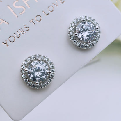 925 Sterling Silver White Gold Plated CLEAR Cubic Zirconia Round Stud Earrings - Mia Ishaaq