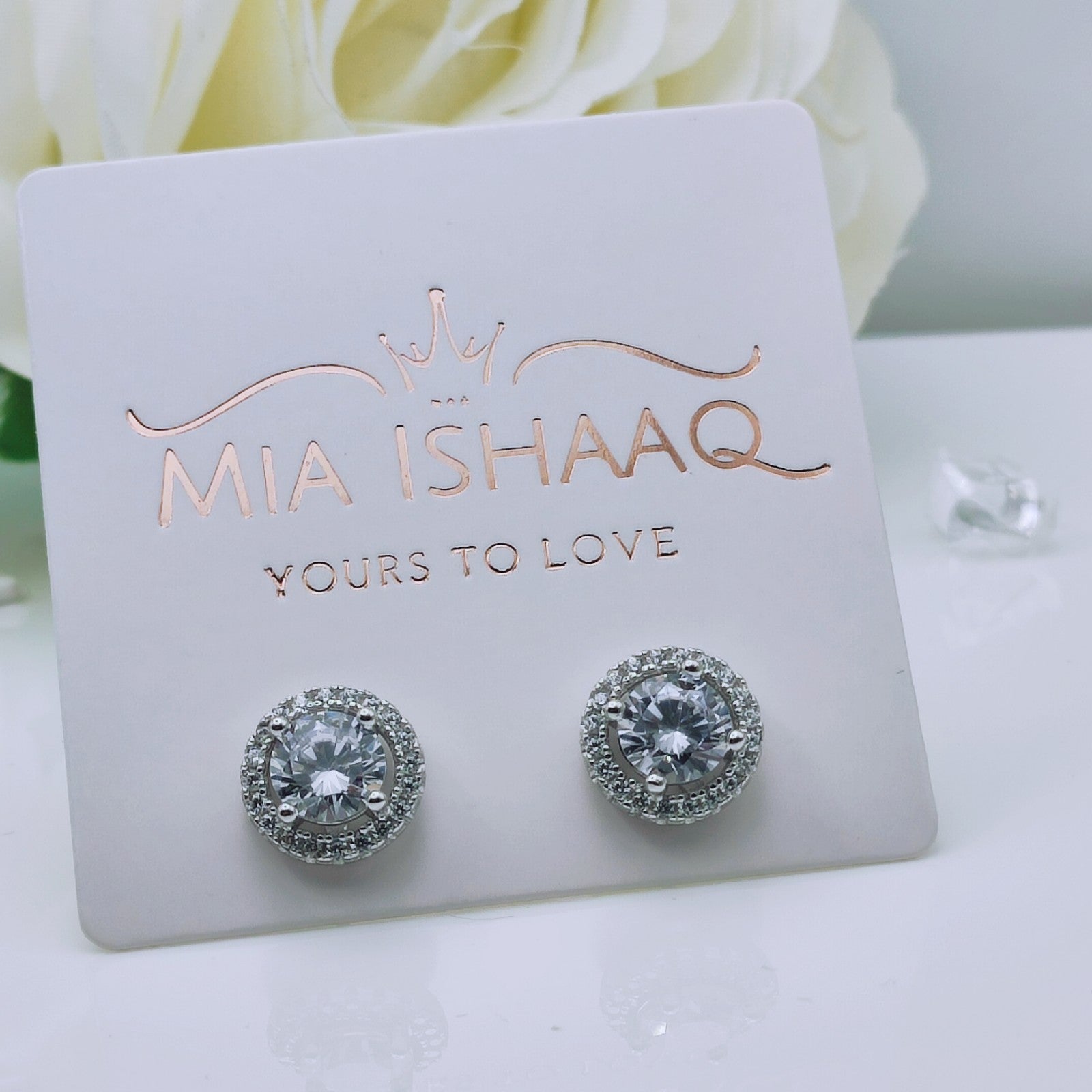 925 Sterling Silver White Gold Plated CLEAR Cubic Zirconia Round Stud Earrings - Mia Ishaaq