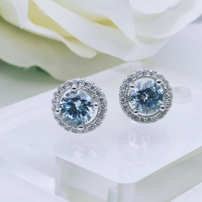 925 Sterling Silver White Gold Plated Aquamarine Blue Cubic Zirconia Round Stud Earrings - Mia Ishaaq