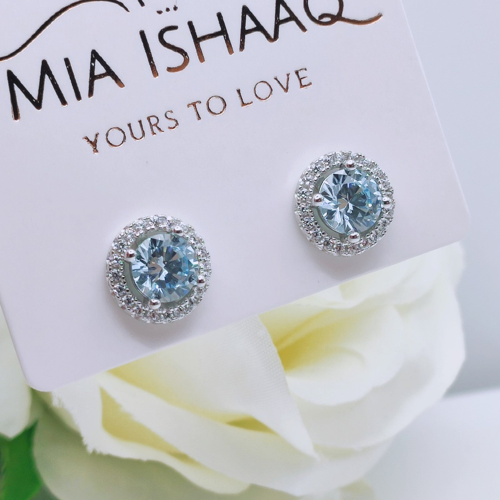 925 Sterling Silver White Gold Plated Aquamarine Blue Cubic Zirconia Round Stud Earrings - Mia Ishaaq