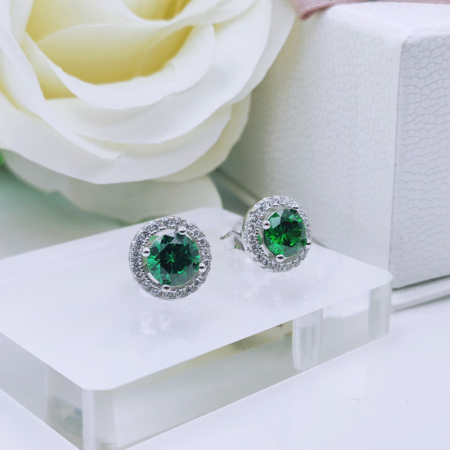 925 Sterling Silver White Gold Plated Green Cubic Zirconia Stud Earrings - Mia Ishaaq