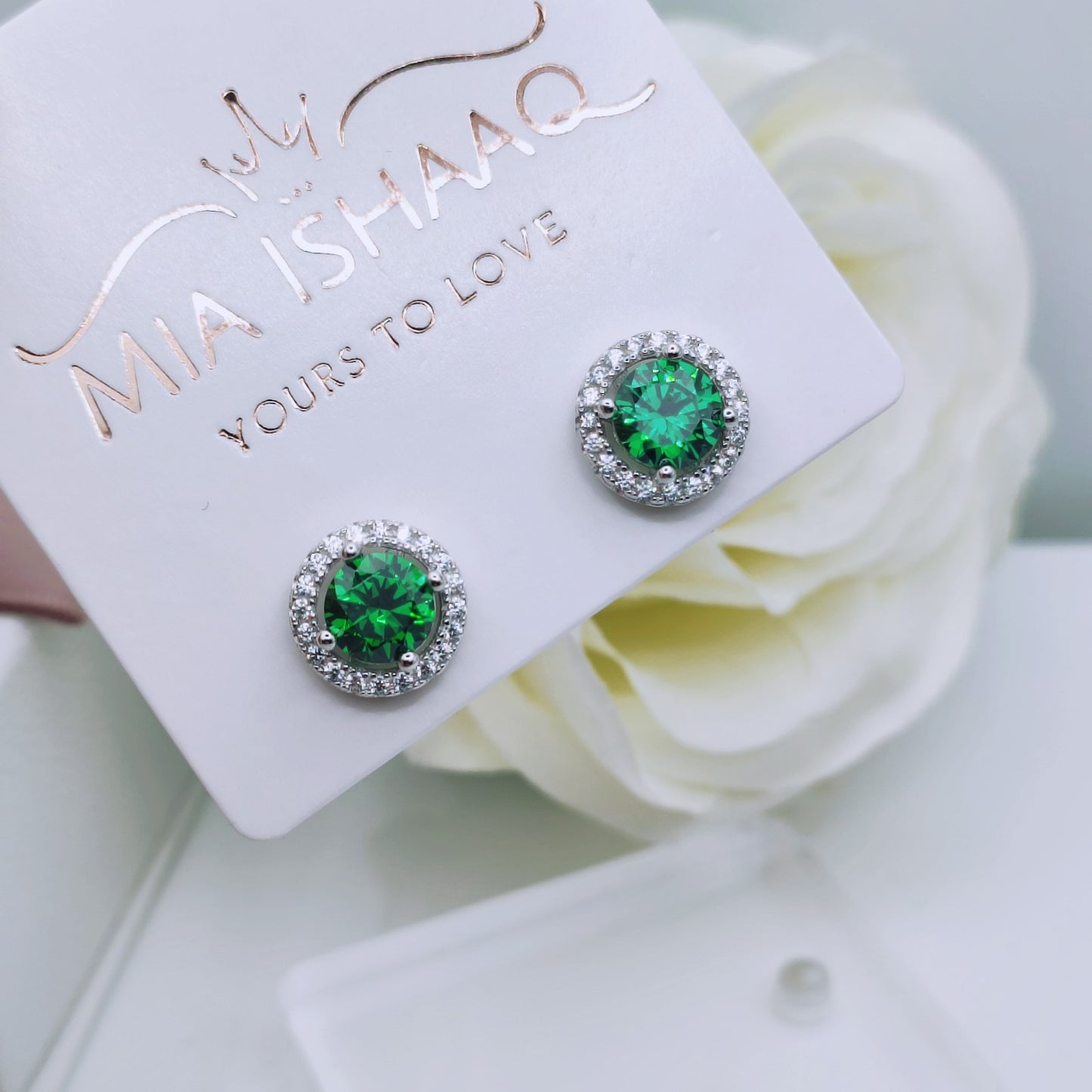 925 Sterling Silver White Gold Plated Green Cubic Zirconia Stud Earrings - Mia Ishaaq