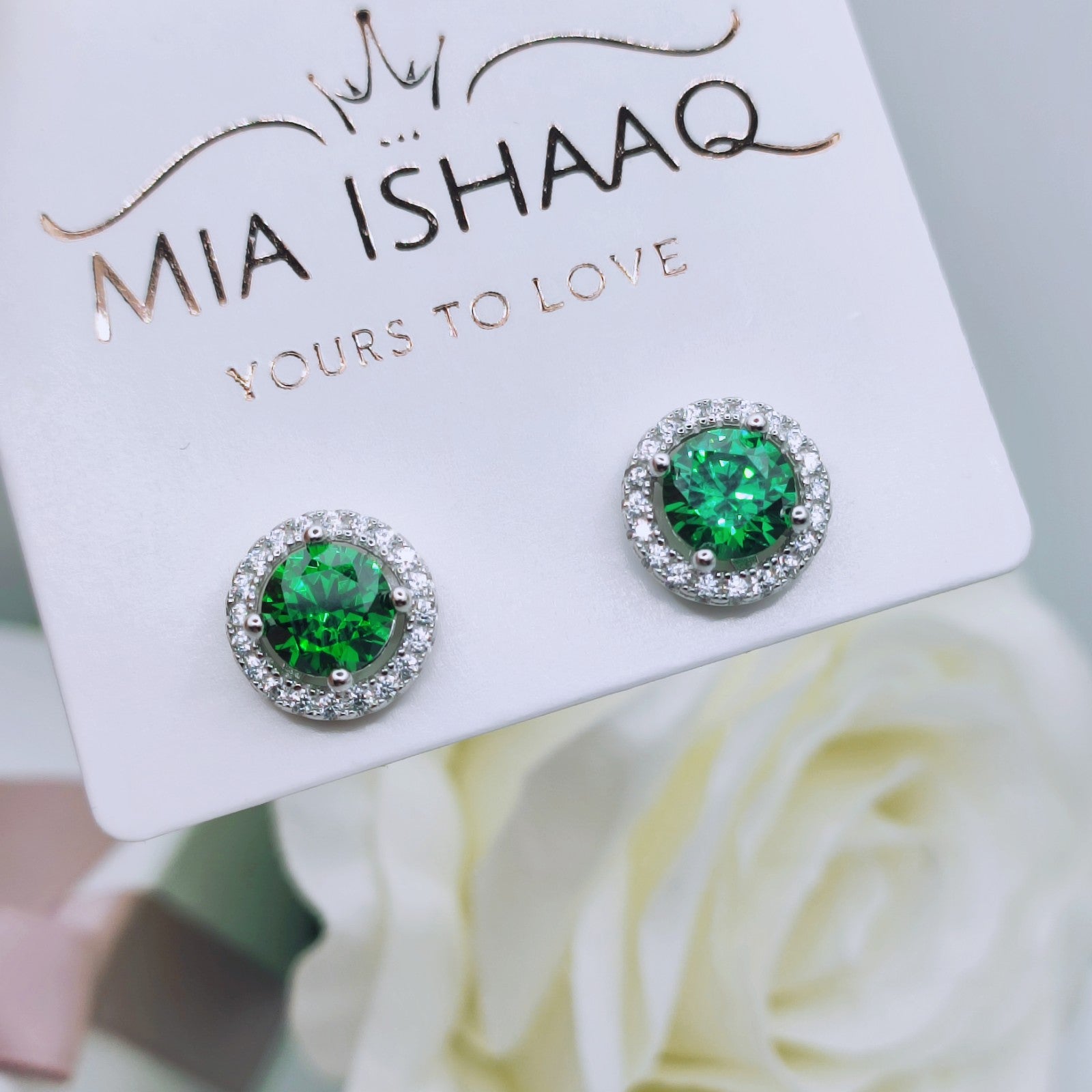 925 Sterling Silver White Gold Plated Green Cubic Zirconia Stud Earrings - Mia Ishaaq