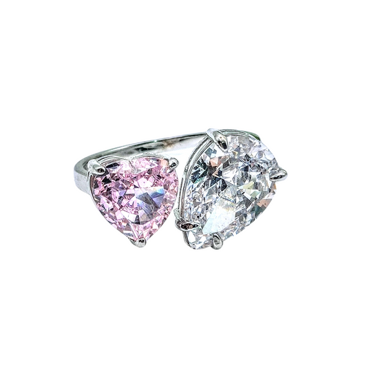 Sterling Silver Radiant Duo Pink Heart Shape Cubic Zirconia Adjustable Ring - Mia Ishaaq