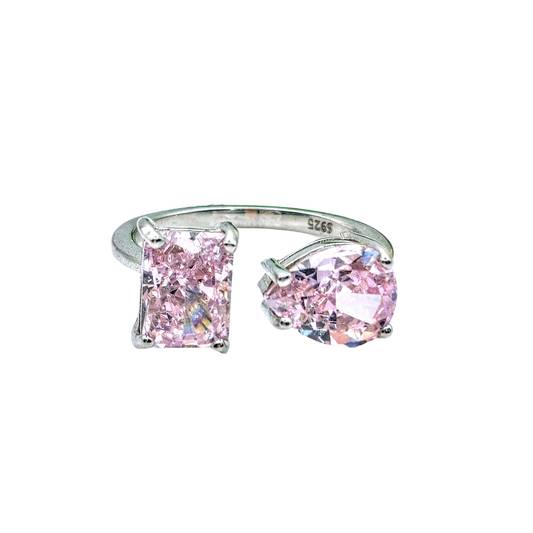 Sterling silver white gold plated open ring with radiant pink cubic zirconia on a white background - Mia Ishaaq