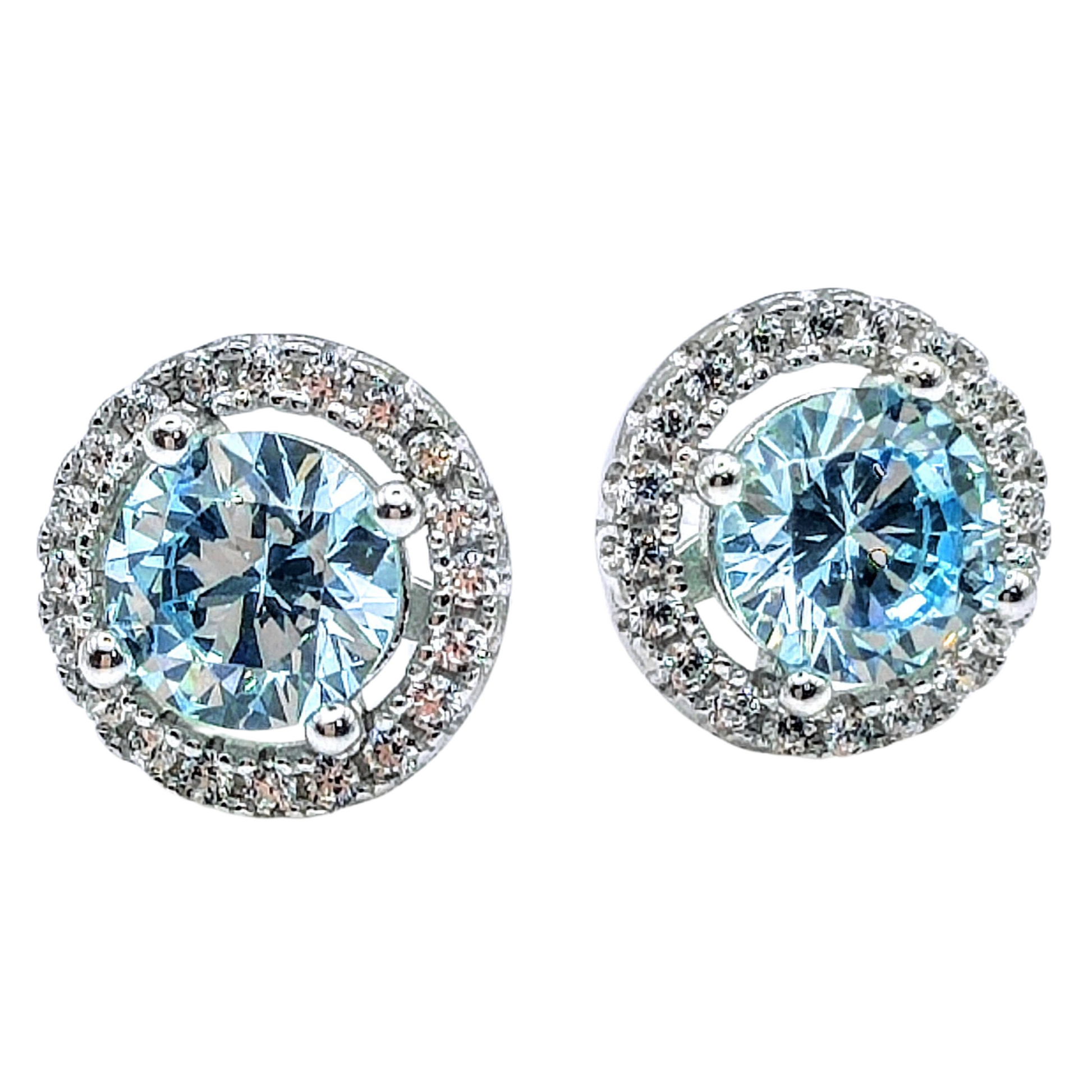 925 Sterling Silver White Gold Plated Aquamarine Blue Cubic Zirconia Round Stud Earrings - Mia Ishaaq