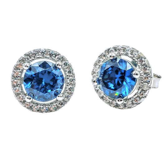 925 Sterling Silver White Gold Plated SAPPHIRE BLUE Cubic Zirconia Round Stud Earrings - Mia Ishaaq