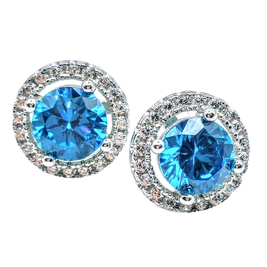 925 Sterling Silver White Gold Plated BLUE TOPAZ Cubic Zirconia Round Stud Earrings - Mia Ishaaq