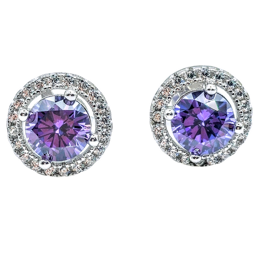 925 Sterling Silver White Gold Plated VIOLET Cubic Zirconia Round Stud Earrings - Mia Ishaaq