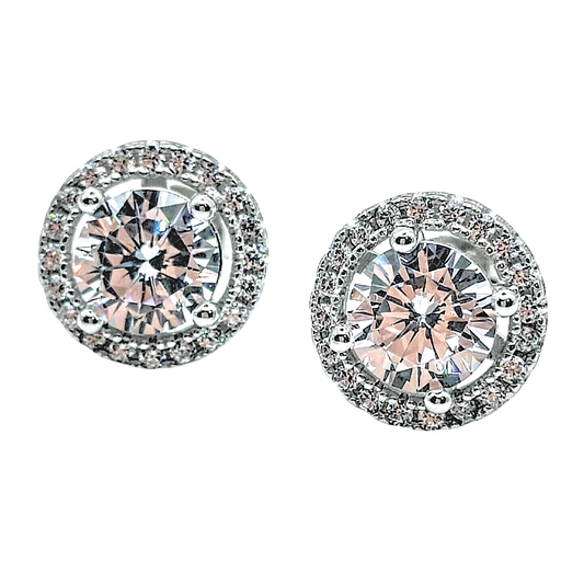 925 Sterling Silver White Gold Plated CLEAR Cubic Zirconia Round Stud Earrings - Mia Ishaaq