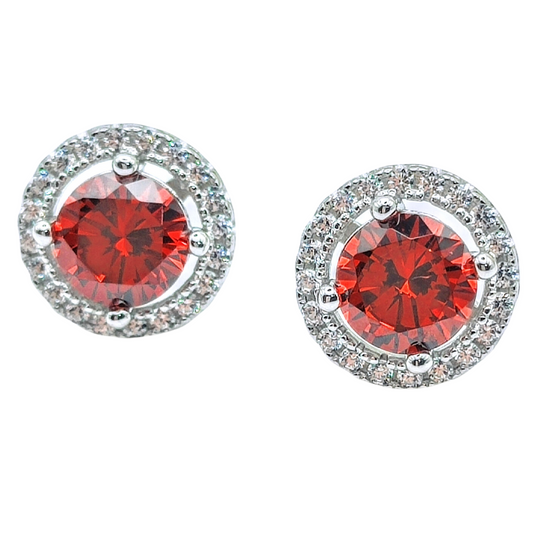 925 Sterling Silver White Gold Plated ORANGE RED Cubic Zirconia Round Stud Earrings - Mia Ishaaq