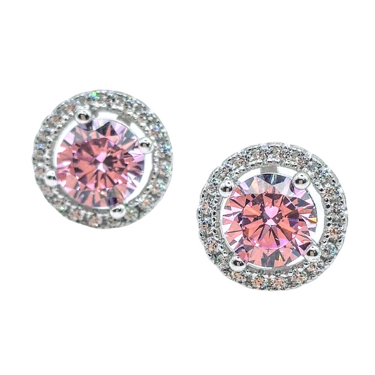925 Sterling Silver White Gold Plated Pink Cubic Zirconia Round Stud Earrings - Mia Ishaaq