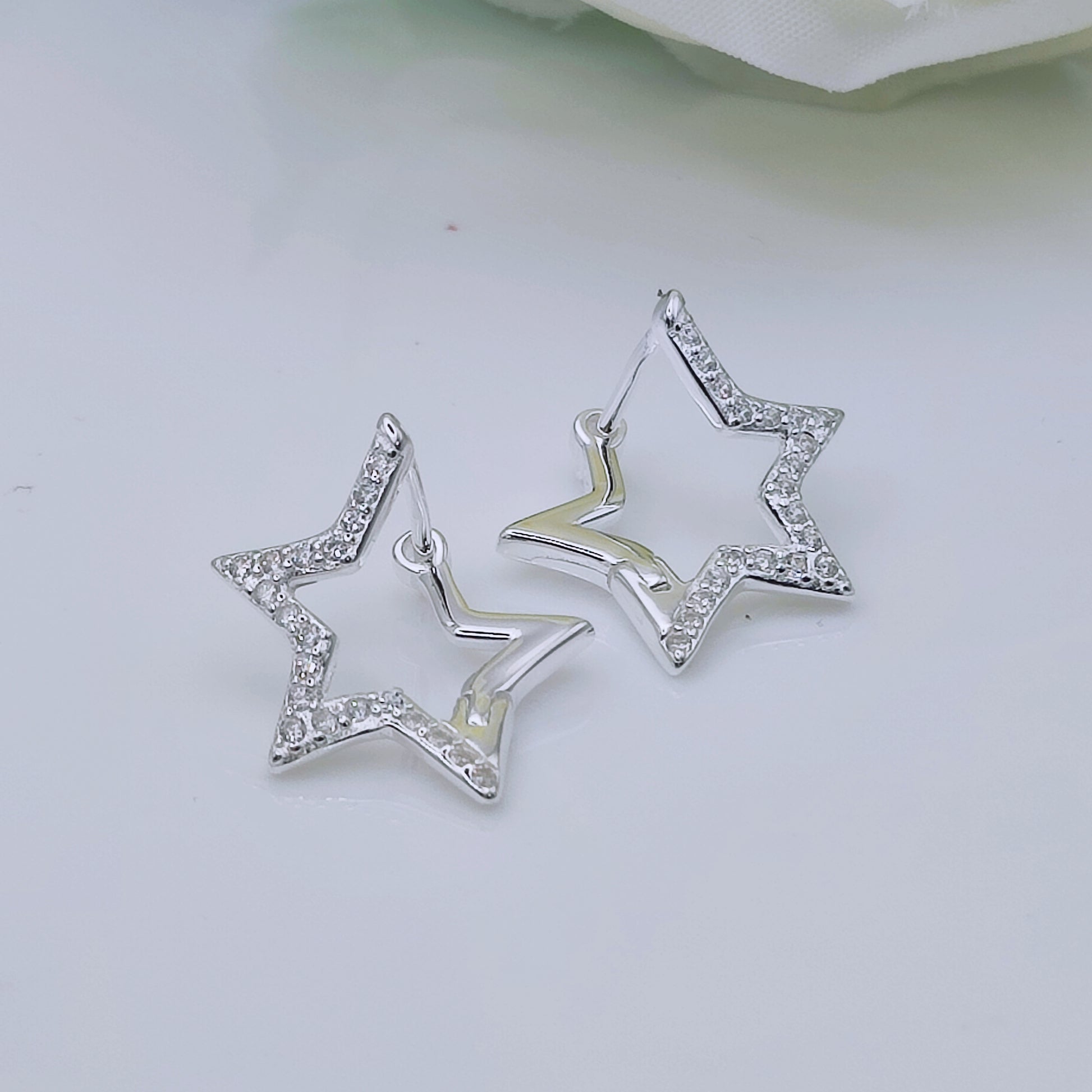 925 Sterling Silver Star Huggies Hoop Earrings With Cubic Zirconia - Mia Ishaaq