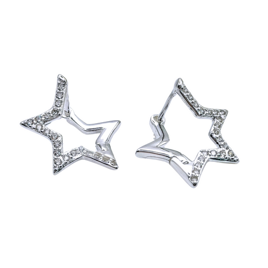 925 Sterling Silver Star Huggies Hoop Earrings With Cubic Zirconia - Mia Ishaaq
